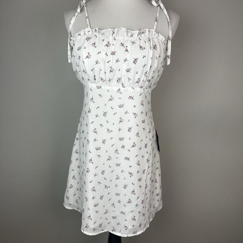 Lulus NWT White Pink Floral Mini Dress Women's Tie Strap Ruffle Cottagecore